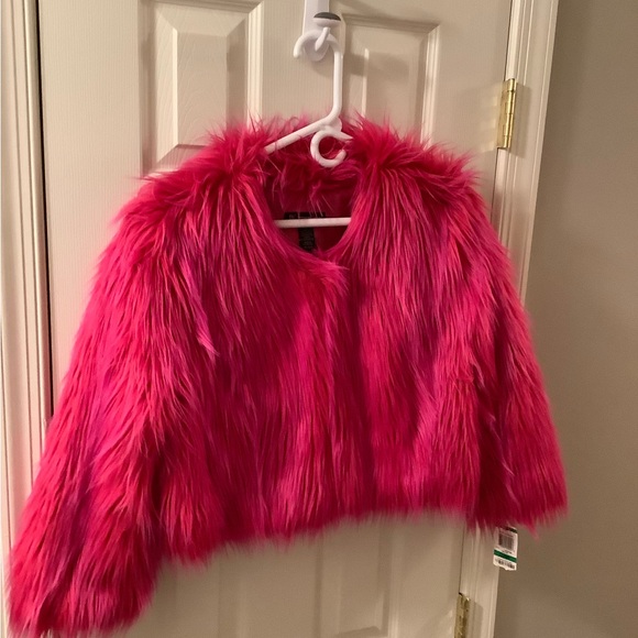 INC Hot Pink Faux Fur Rave Punk Glam Crop Bolero Jacket Size Large - Picture 15 of 15